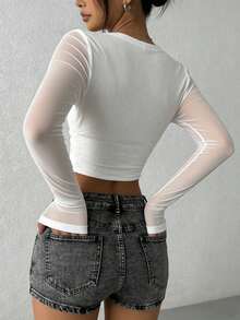INAWLY Women's White Autumn Elegant Seksi Chic Club Knit Hollow Out Lace-Up Blouse,Sheer Mesh V-Neck Waist Cinch Top,Vintage Slim Fit Short Top - White - View 2