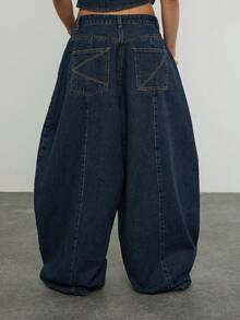 COUREZ Jeans holgados de globo de tiro bajo con detalle de costura frontal en lavado azul / Ropa de primavera Y2K para mujeres Pantalones vaqueros azules Atuendos de vacaciones de primavera Atuendos de festival Atuendos de verano Atuendos para salir - Azul lavado oscuro - Ver 3