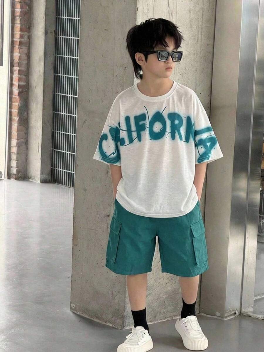2pcs/Set Tween Boy White Summer Casual Graphic City Break Korean Style Loose Fit Round Neck Short Sleeve T-Shirt And Shorts Set For School Sports