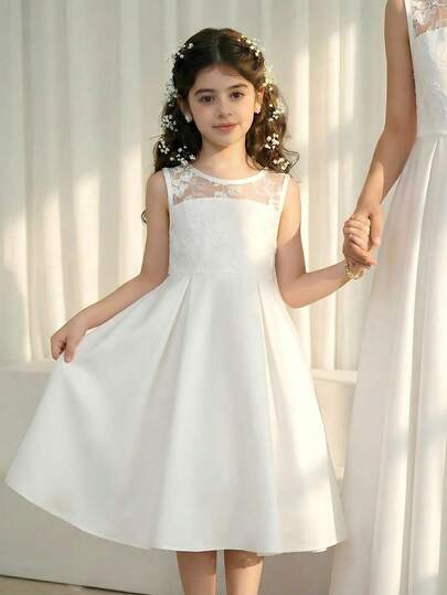 1pc Girls' Elegant Custom Mesh Embroidered Round Neck Sleeveless Patchwork Hem Zipper Dress, Suitable For Daily, Party, Wedding, Princess Style