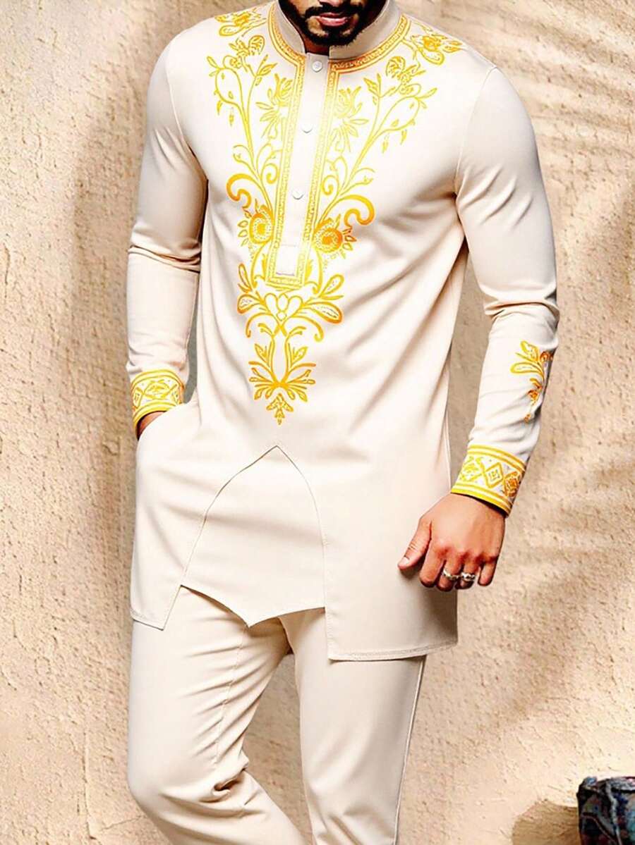 Manfinity AFTRDRK 男士立领纽扣半开襟花卉印花不对称下摆休闲百搭通勤长袖衬衫黄色两件套男士穆斯林服装黄白男士套装男士非洲服装阿拉伯服装 - 卡其色 - 查看 1