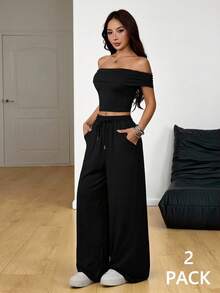 SHEIN PETITE 女士夏季极简主义Y2K街头风休闲基础日常穿搭露肩短款T恤和低腰阔腿运动裤两件套 - 黑色 - 查看 1