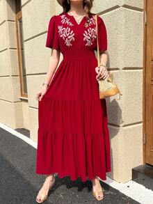 Solivie Women's Long Embroidered Dress, Red Elegant Vacation Dress, Spring/Summer Summer Dress Vacation Outfits Women Floral Dress Red Elegant Dress Women Embroidered Dresses For Women Red Casual Dress Women's Maxi Dress Wedding Guest Dress Birthday Dresses For Women Floral Dress Red Dress Boho Red Dress Red Casual Maxi Dress Elegant Red Dress For Women  Summer Vacation Outfits Women Going Out Outfits - Red - View 6