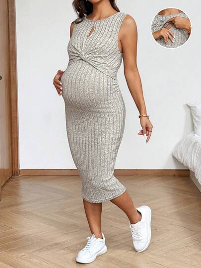 SHEIN 纯色扭结设计罗纹无袖休闲哺乳连衣裙，适合孕妇
