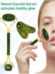 天然玉石滚轮刮痧套装，玫瑰石英面部按摩器，女士护肤工具，SPA 自我护理美容设备，面部按摩工具套装 - 綠色 - 查看 8