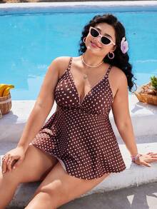 Swim Mod Plus Size Women's Polka Dot Print Deep V-Neck Ruffle Top Paired With Regular Trousers, Flattering Silhouette Beach Atmosphere Women's Swimwear Set - Multicolor - View 5