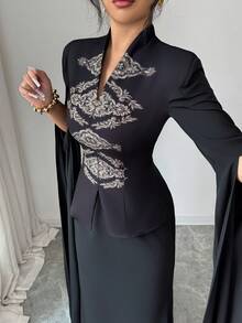 SHEIN Elenzya Middle Eastern Elegant Women's Black Placement Print 2-Piece Set, Chinese Style Outfit With Super Long Slit Flared Sleeves, Symmetrical Gold Foil Print On Front Bodice And Maxi Skirt, Casual Elegant Vacation Party Outfit, Middle Eastern Festival Wear Elegant Woman Clothing Dress With Cape Dress Elegant Two Piece Abaya Modest Formal Dress - Black - View 5