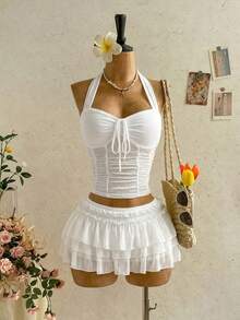 Soleia Áo hai dây cổ yếm xếp ly bằng chiffon kiểu dáng lãng mạn dành cho nữ, thích hợp cho kỳ nghỉ biển, dạo chơi, gợi cảm và hẹn hò. - trắng - Xem 9