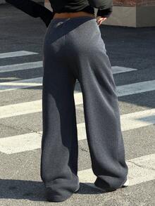 Muchica Dark Grey Knit Drawstring Waist Sweatpants, College Style - Dark Grey - View 2