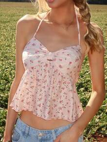 Sydney Algeri Yellow Ditsy Floral Hollow V-Neck Cute Sexy Backless Camisole Top, Short Style, Spring/Summer - Multicolor - View 3