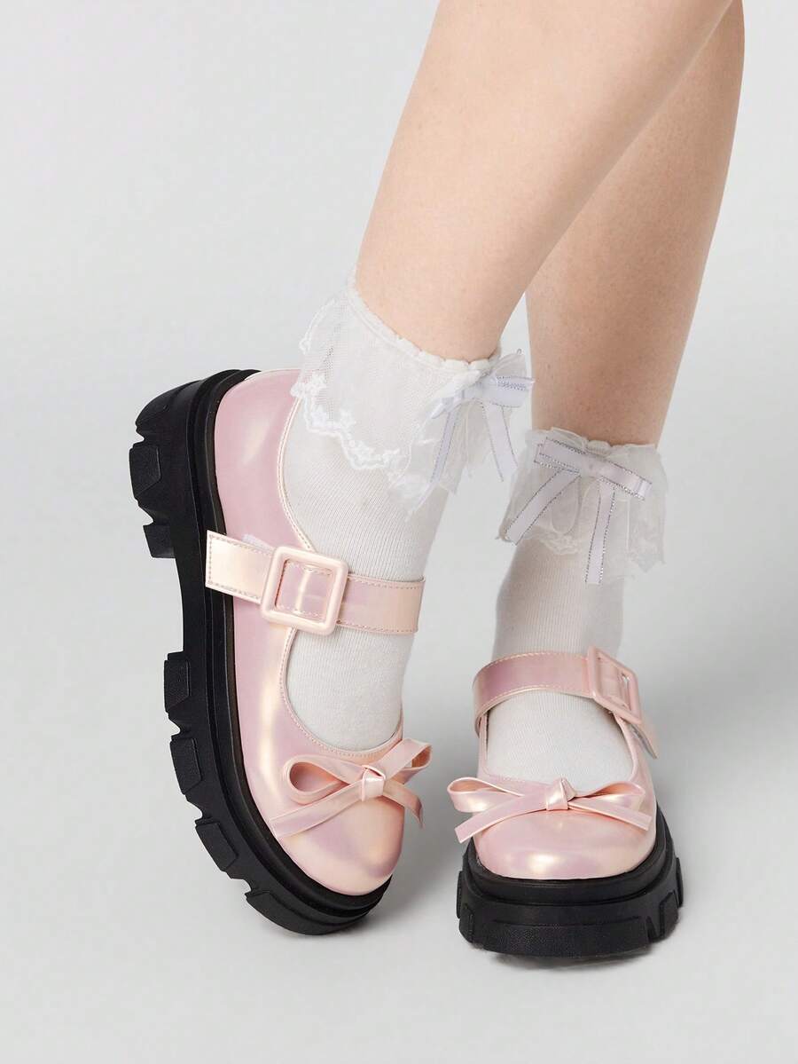 ROMWE Kawaii 女士坡跟厚底鞋 Diablo 摇滚朋克哥特风单扣玛丽珍小皮鞋 闭扣蝴蝶结甜美日式 JK 制服鞋 - 粉色亮皮 - 查看 1