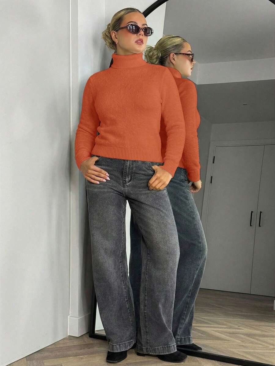 Bethéva Women's Solid Color Turtleneck Long Sleeve Fleece Casual Sweater For Autumn And Winter,Long Sleeve Tops Knit Pullover Fall Outfit - Burnt Orange - View 1