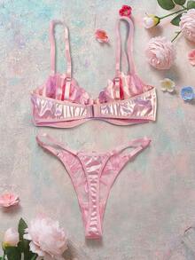 Elorette Conjunto de lencería sexy de 2 piezas con bordado floral y malla para salir - Rosa - Ver 2