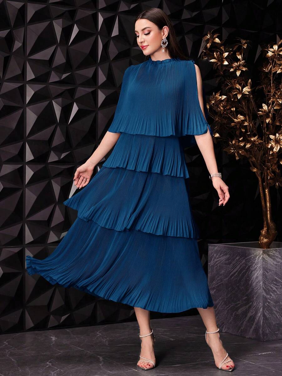 Modelyn Women Summer Solid Color Cape Sleeve Dress With Mushroom Collar Multi-Layer Ruffled Hemline Elegant Mature Design Evening Wedding Dinner - Blue - View 1
