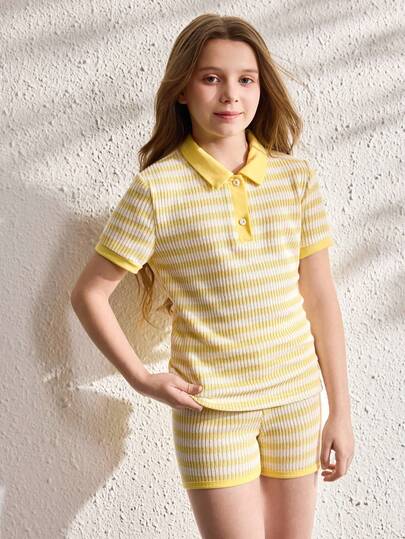 Girls Casual Street Style Yellow Printed Striped Loose Short Sleeve T-Shirt Set, Summer Tops, Summer Outfits, Comfortable And Fashionable, Suitable For Vacation, Travel, Campus And Daily Wear