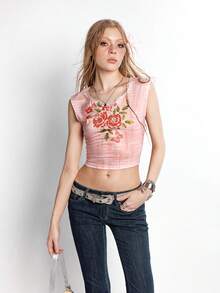 Bloopia 女士玫瑰印花镂空休闲衬衫 - 粉色 - 查看 5