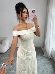 SHEIN Raffinéa 女士露肩网纱拼接腰部蕾丝优雅长裙 - 杏色 - 查看 8