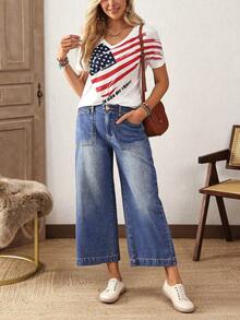 EMERY ROSE Quần jean ống rộng dáng rộng, thiết kế túi, dài 7/8, dáng thường ngày, size lớn dành cho nữ - Màu xanh lam - Xem 5
