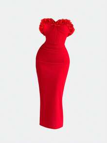 Olithes Đầm ôm sát eo xếp ly bằng vải organza viền hoa dành cho nữ - màu đỏ tươi - Xem 4