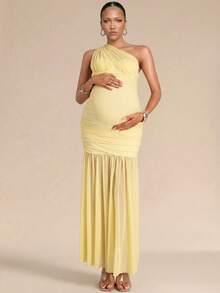 MaterniChic Pregnant Women Elegant Yellow One-Shoulder Pleated Maternity Dress,Summer Long Pregnancy Dress For Photoshoot,Baby Shower Wedding Guest Party Dress - Yellow - View 4
