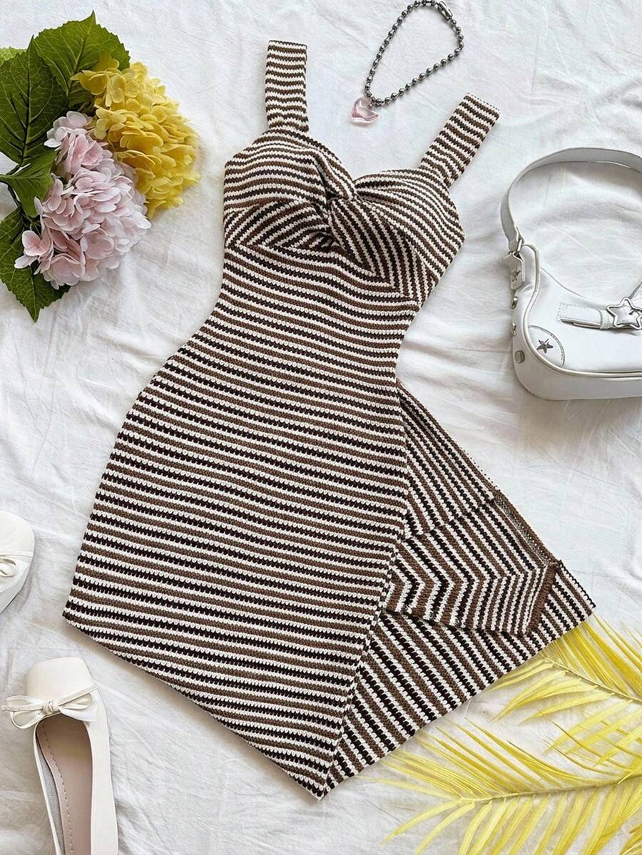 Soleia Women's Vacation Striped Twist Design Casual Spaghetti Strap Mid-Length Dress - Coffee - View 1