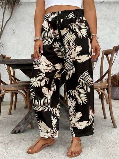 SHEIN VCAY 大码女式热带树叶印花裤