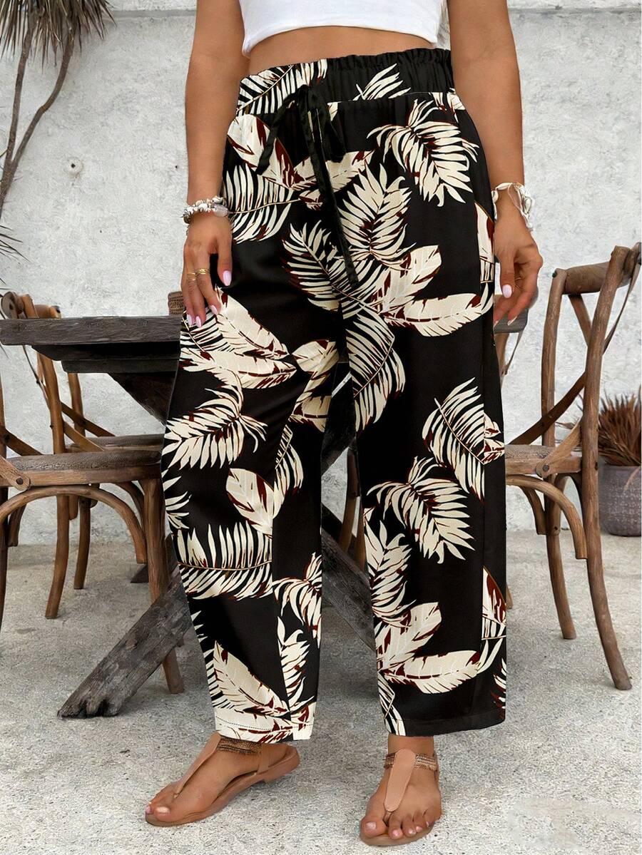 SHEIN VCAY Plus Size Women Tropical Leaf Print Pants - Multicolor - View 1