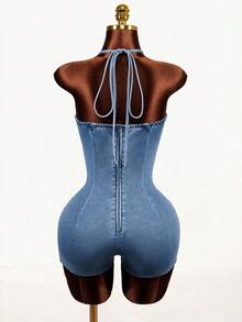 Mistrie 女士修身休闲约会牛仔吊带连体裤 - 藍色 - 查看 2