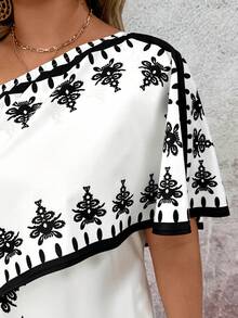 Breezaya Plus Size Women's Elegant Black And White Graphic Print Asymmetric Collar Split Top And Long Pants 2 Pieces Set,Summer Boho Holiday Tea Party Outfits - Black and White - View 7