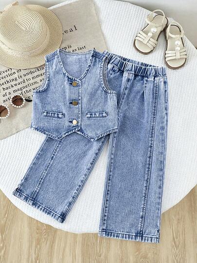 Girls (Small) Denim Set, New Casual Fashion Minimalist Retro Vintage Design, Blue Washed Denim Toddler Outfit