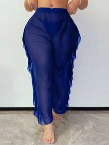 Slaydiva Ruffled Hem Solid Color Plus Size Women Cover Up & Pants Set - Royal Blue - View 4