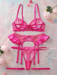 Conjunto de lencería sexy con 5 piezas, sujetador con aros y bordado de corazón - Rosa Fucsia - Ver 7