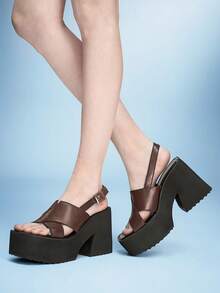 Sugerpunk Women's Casual And Stylish Wedge Platform Sandals, Perfect For Spring And Summer, Featuring A Punk-Inspired Design, A Simple Square Toe, Soft Leather, Crisscross Pattern, Open Toe, Comfortable For Holidays, Nightclubs, Parties, And Everyday Wear. Summer Shoes - Coffee Brown - View 3