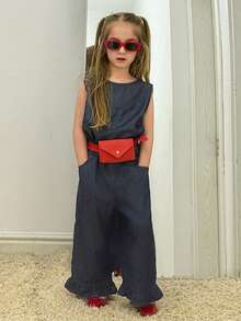 DAZY Young Girl Round Neck Sleeveless Top And Ruffle Hem Wide Leg Jeans Set - Blue - View 5