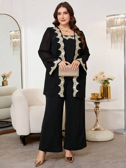 Reflora Plus Size Women 2 Pieces Set, Elegant Purple Rhinestone Decor 2 Pieces Outfit, Suitable For Autumn/Winter Party