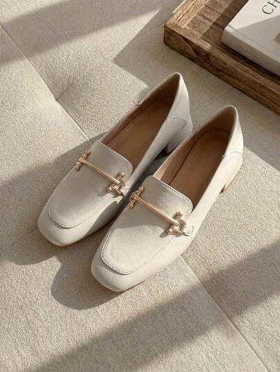 Resyla 女式黑色粗跟乐福鞋，休闲时尚牛津鞋，适合春、秋、冬，百搭杏色平底鞋，工作通勤鞋，白色方头一脚蹬鞋，带金属扣