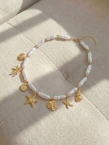 Resyla 1 件女士时尚海洋风格吊坠项链，带人造珍珠，适合日常佩戴、海滩度假、约会、摄影 - 仿珍珠+海星 - 查看 3