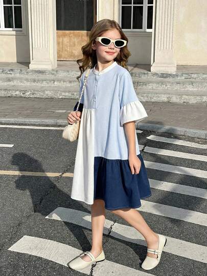 SHEIN Vestido corto de gasa con volantes en el cuello, corte asimétrico y bloques de color irregular, de manga corta y silueta suelta tipo línea A, para niña preadolescente. Vestido casual de verano, para salidas diarias, vuelta al colegio, verano dopamina, estilo Y2K