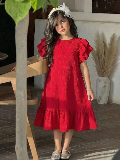SHEIN Tween Girl Woven Solid Color Jacquard Double-Layer Ruffle Sleeve Casual Dress, Suitable For Valentine's Day, Casual Outings, Summer Dresses, Red Dress