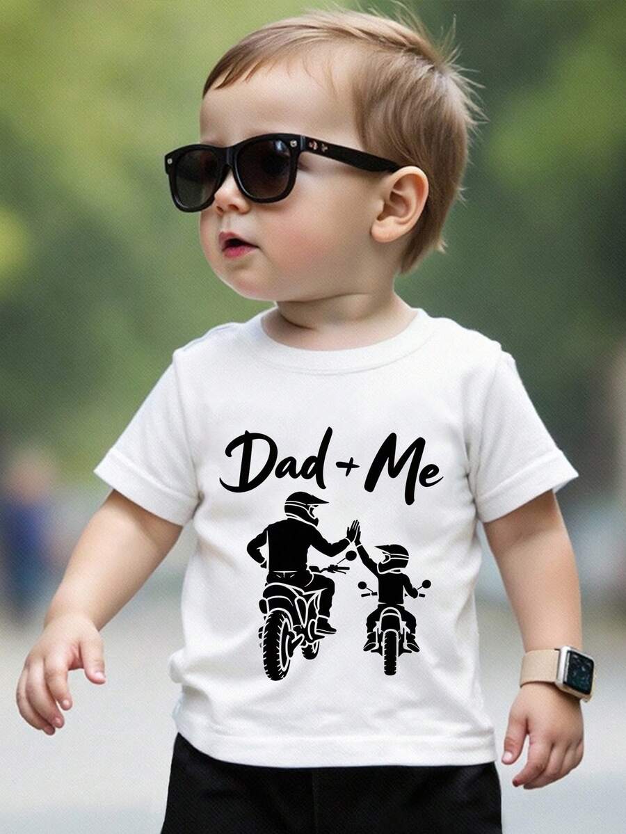 SHEIN Baby Boy White Summer Casual Family Matching Cartoon Print Father-Son Crew Neck Short Sleeve Top,Minimalist Classic Fashion School Style Loose Shirt - White - View 1
