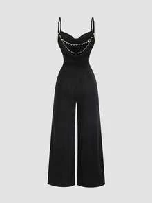 Sweetra Women's Solid Color Plunging Neck Sequin Jumpsuit, Spring/Summer - Black - View 2