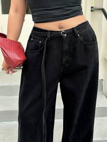 Dazy Plus Pantalones vaqueros anchos y sueltos con lavado vintage y decoración de cinturón, pantalones vaqueros largos de talla grande para mujeres - Negro - Ver 7