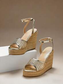 SHUZIA 女士优雅踝带坡跟草编凉鞋 - 金色 - 查看 4