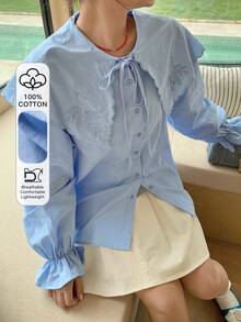 Dazy Plus Loose Fit Peter Pan Collar Embroidered Long Sleeve Blue Casual Blouse For Girls - Baby Blue - View 1