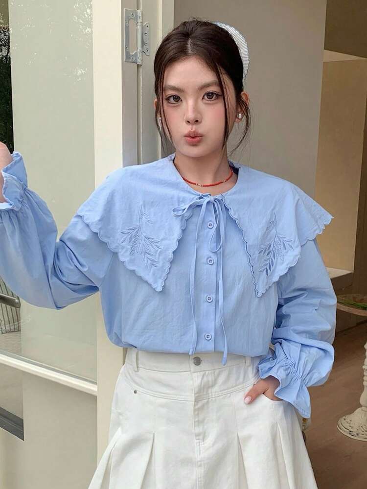 Dazy Plus Loose Fit Peter Pan Collar Embroidered Long Sleeve Blue Casual Blouse For Girls