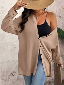 EMERY ROSE Plus Size Women Casual Loose Long Chiffon Blouse, Sheer, Suitable For Summer Fall Cloth For Women - Khaki - View 5