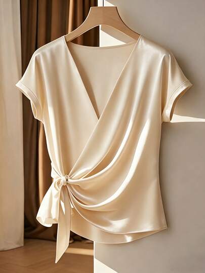 Franclia Elegant Casual Crossover Collar Right Side Tied Raglan Short Sleeves Irregular Hem Glossy Fabric Spring And Summer Khaki Elegant Women's Blouses New Year's Wear Blouses Commuting Versatile Blouses Shiny Blouses Satin Blouses Women's Luxury Blouses Women's Going Out Blouses Women's Social Blouses Elegant Women Tops