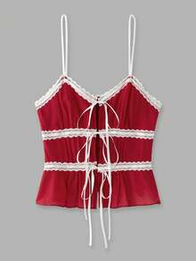 lacRébo Red Chiffon Cami Top With Satin Bow Tie Front Detail And Lace Panel French Boho Top Spring Summer Vacation Top Holiday Top - Red - View 6