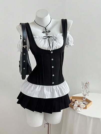 Elamini Sexy Bowknot Color Block Fitted Short Sleeve T-Shirt For Women Black And White Top Corsets Women Tops Gothic Top Gothic Women Clothes Gothic Summer Clothes