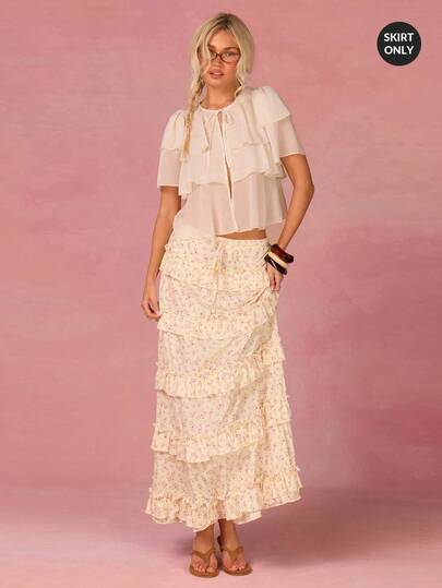 Athîral Ladies' Casual Vacation Floral Waist Knit Skirt, Multi-Layer Cake Skirt, Elegant Skirt, Yellow And Pink Printed Floral Fabric, Elastic Knitted Soft And Comfortable Fabric, Suitable For Outdoor Wear, Party And Date Wear, Romantic Loose Skirt, Lawn Wear